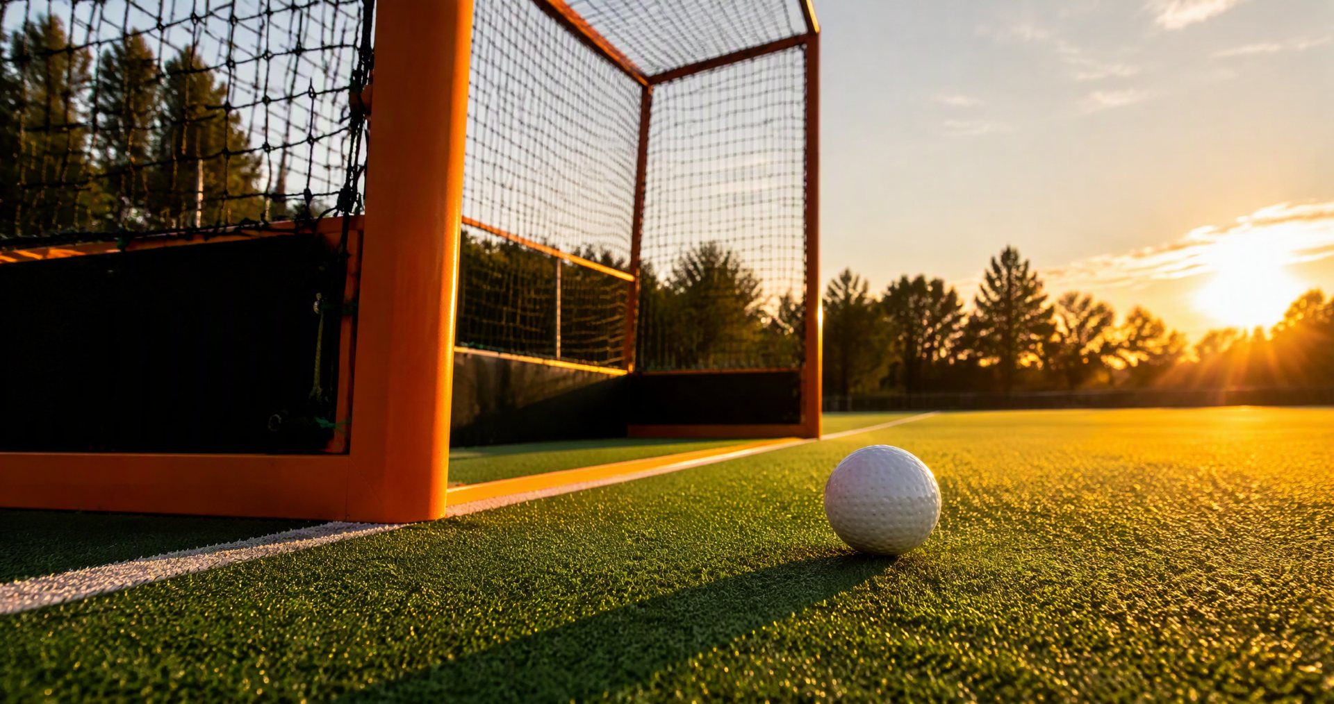 Hockey goal on artificial turf at sunset — Hockey Grass SA
