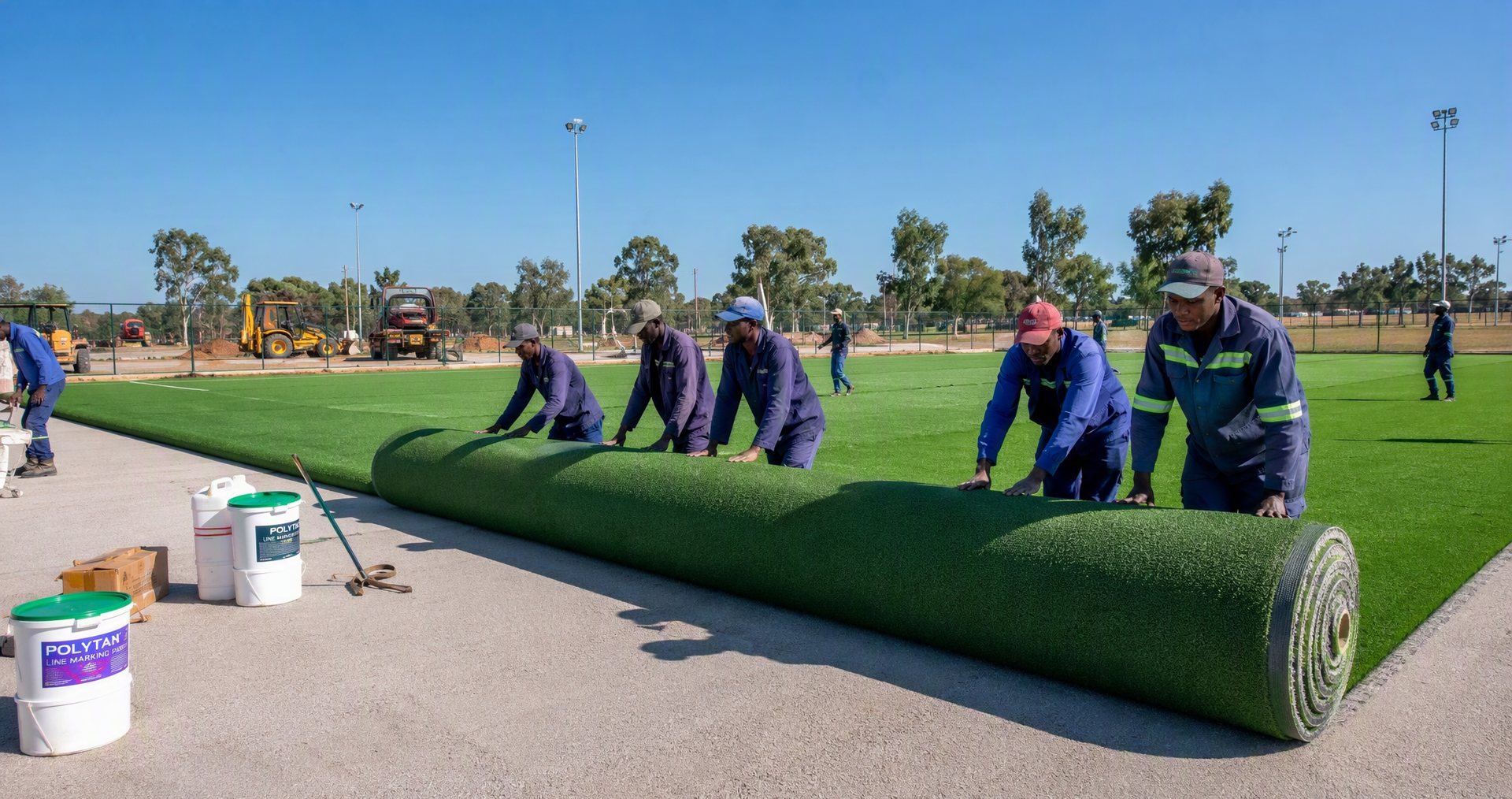 Hockey Grass SA installation team unrolling artificial hockey grass on a prepared pitch base