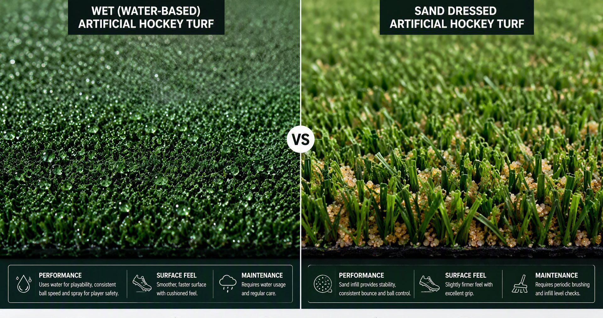 Wet water-based hockey turf versus sand dressed hockey turf comparison showing fibre density and silica sand infill